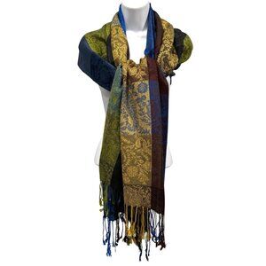 Pashmina Cashmere Silk Scarf Wrap Fringe Floral Stripe Jewel Tone Blue Gold
